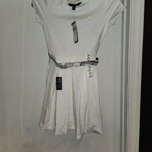 Ralph Lauren White Pleated Cotton Mini Dress with Plaid Accent Belt